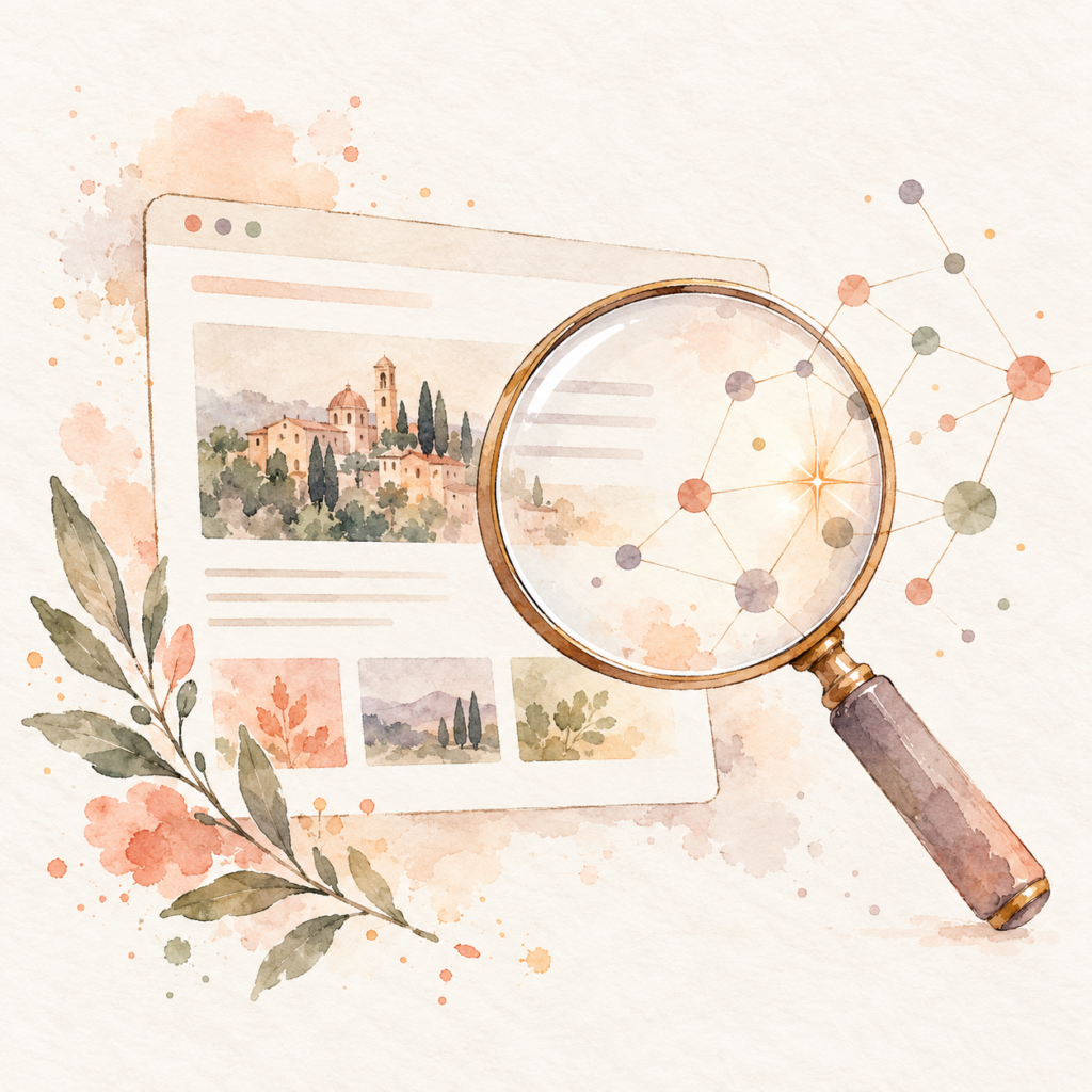 Illustrazione ad acquerello di una pagina web con lente d’ingrandimento e connessioni, simbolo della visibilità online attraverso ricerca e AI