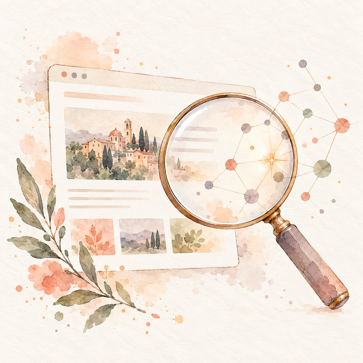 Illustrazione ad acquerello di una pagina web con lente d’ingrandimento e connessioni, simbolo della visibilità online attraverso ricerca e AI