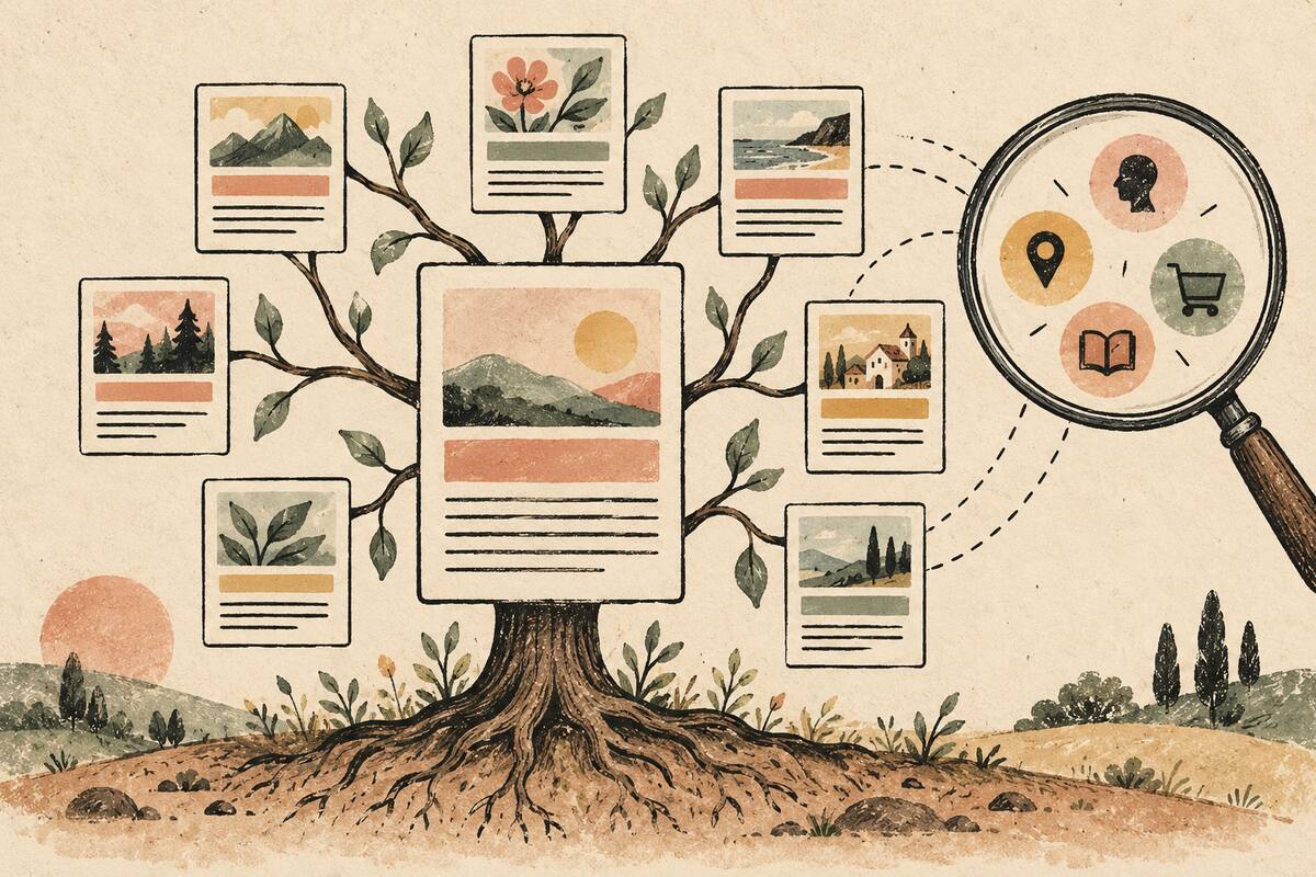Architettura di un blog con content pillar, ricerca delle parole chiave e articoli secondari