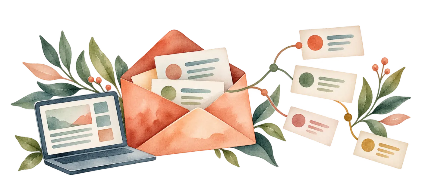 Illustrazione ad acquerello sull’email marketing e le automazioni per il Terzo Settore