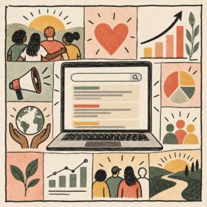 Illustrazione di Google Ad Grants per il Terzo Settore con ricerca online, dati e comunit&agrave;