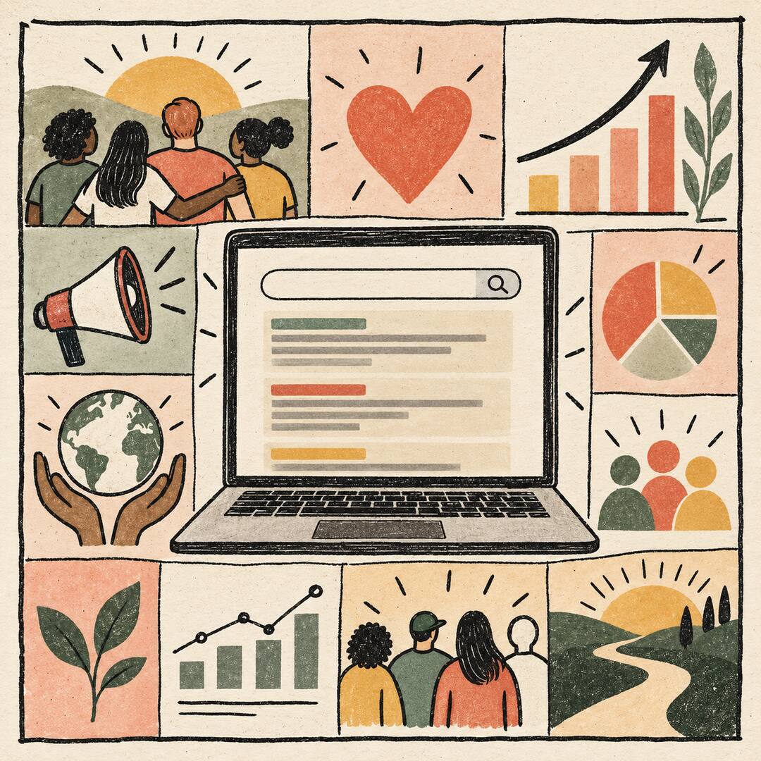 Illustrazione di Google Ad Grants per il Terzo Settore con ricerca online, dati e comunità