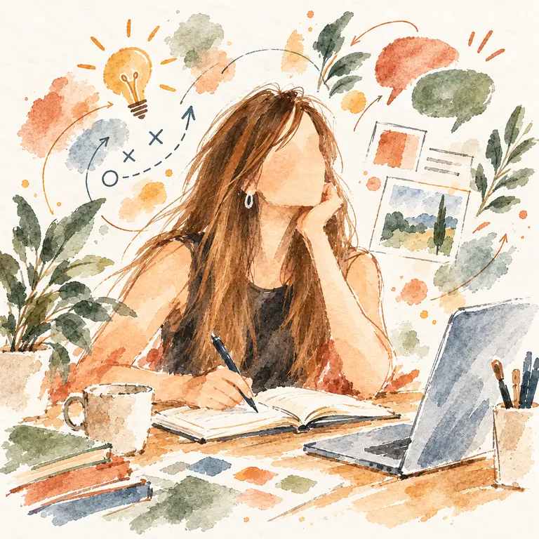 Illustrazione ad acquerello in stile schizzo di Nora al lavoro su contenuti e strategia di comunicazione