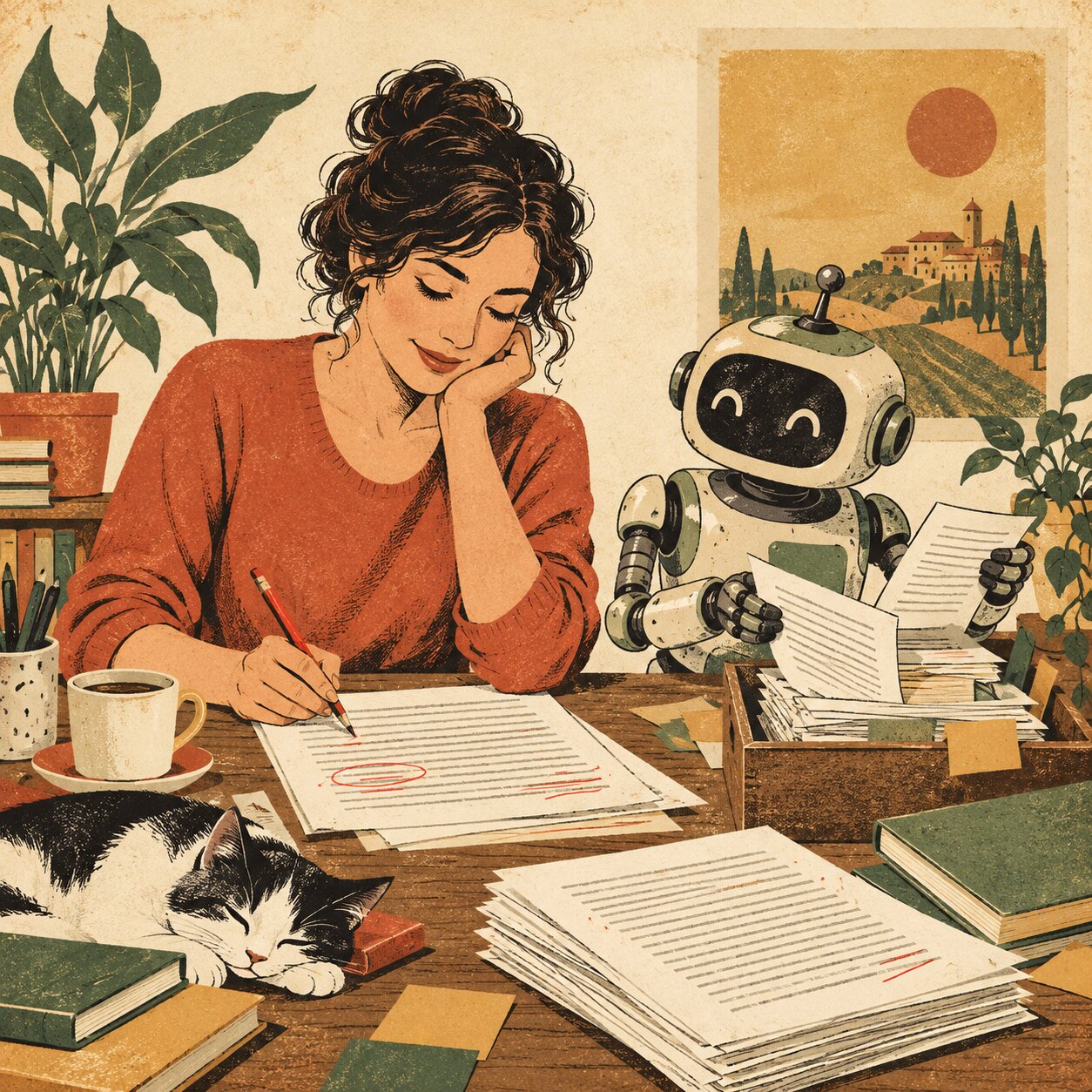 Autrice che revisiona un articolo insieme a un assistente AI, rappresentato come editor junior