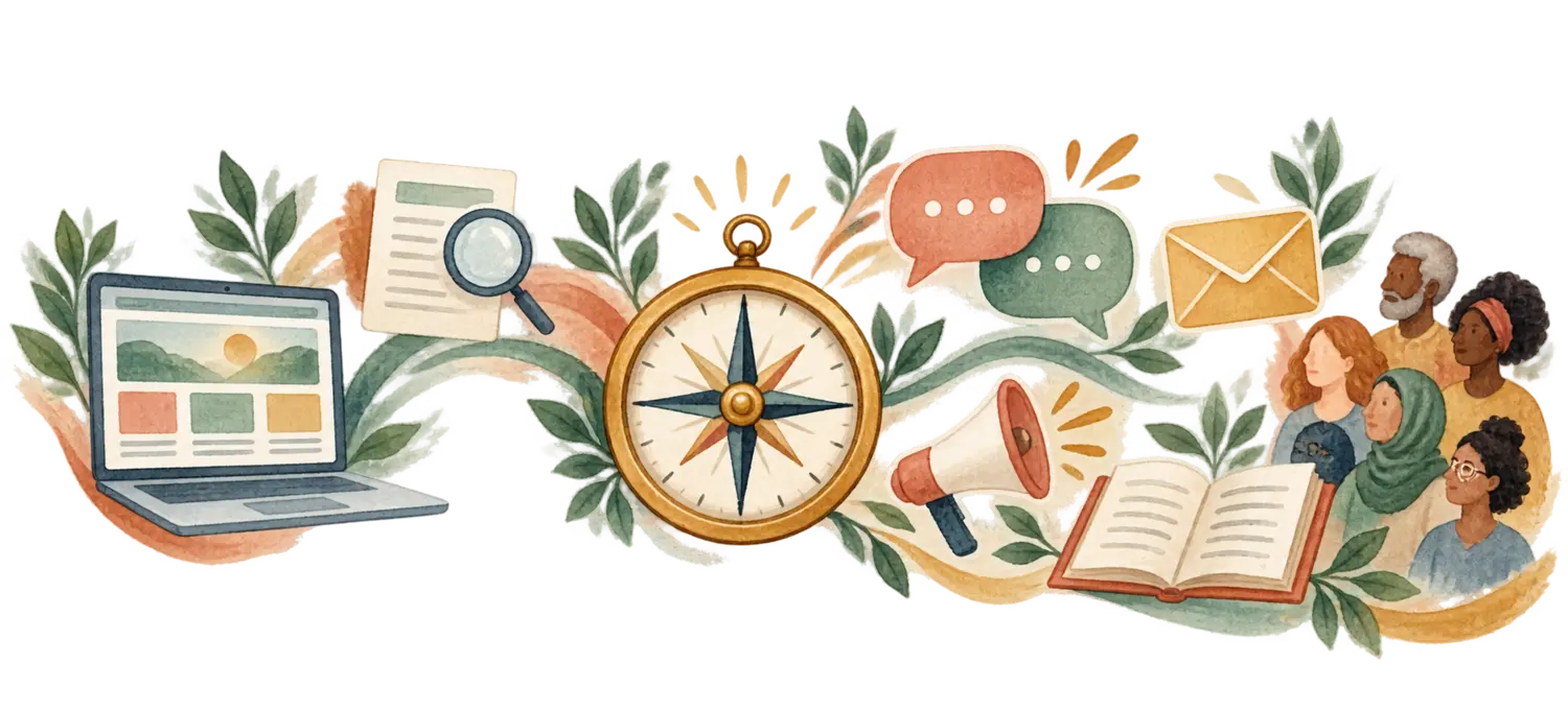 Illustrazione orizzontale ad acquerello dei servizi di marketing e comunicazione per il Terzo Settore