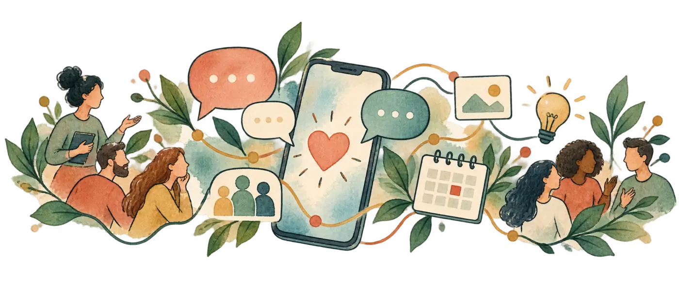 Illustrazione ad acquerello di una comunit&agrave; connessa attraverso contenuti, conversazioni e piano editoriale social